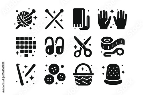 Knitting Essentials Icons. Knitting Essentials. Solid icons set of Knitting Essentials: yarn ball, knitting needles, scarf, hands, pattern chart, stitch
