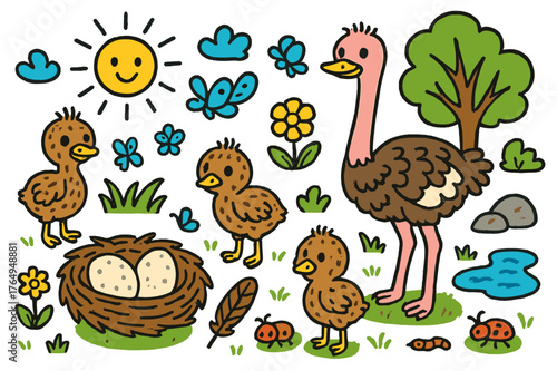 Ostrich Chicks Doodle. ostrich chicks. Colorful Hand-drawn doodle Children illustration ostrich chicks ostrich, baby ostriches, nest, eggs, grass, sun, cloud,