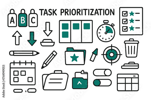 Task Prioritization Doodle. // Task prioritization. Hand-drawn doodle illustration Task prioritization [A/B/C labels (accented), kanban board (accented),