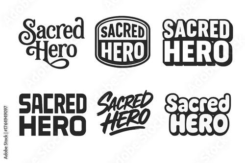 Sacred Hero Lettering Styles. Sacred Hero. Set lettering. harmonious lettering variations of the same emblematic concept (Whimsical curly type with flourishes,