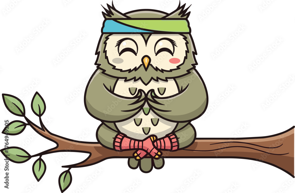 Naklejka premium Cute cartoon owl meditating on tree branch, peaceful yoga pose, mindfulness illustration, relaxing nature animal clipart, woodland zen concept