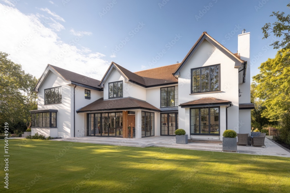 Obraz premium A contemporary white house featuring expansive windows and a beautifully manicured lawn, set in a peaceful suburban neighborhood on a sunny afternoon