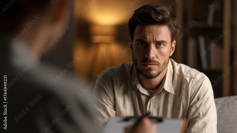 Obraz premium Man in Counseling Session with Therapist in Warm Neutral Light