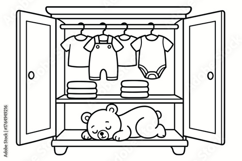 Cute Wardrobe Coloring. Baby wardrobe scene children?s coloring book illustration, outlined drawing, a cute open wardrobe with tiny hanging clothes, folded