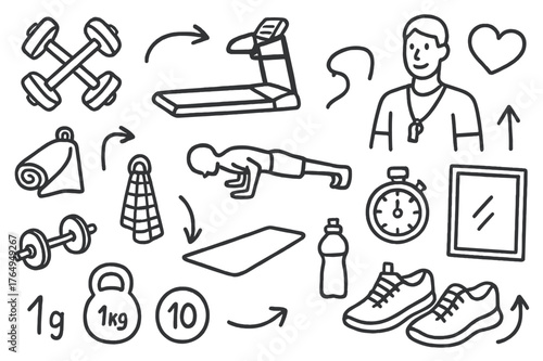 Gym Workout Doodles. Gym exercise. Hand-drawn doodle illustration gym exercise dumbbells, treadmill, mat, towel, barbell, push-up icon, weights, shoes,