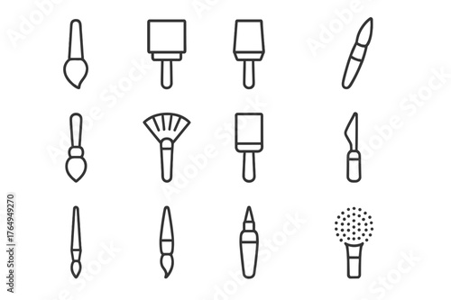 Mixed Media Brush Icons. Mixed media brushes. Line icon set of mixed media brushes: paintbrush, sponge brush, foam brush, ink brush, round brush, fan brush,