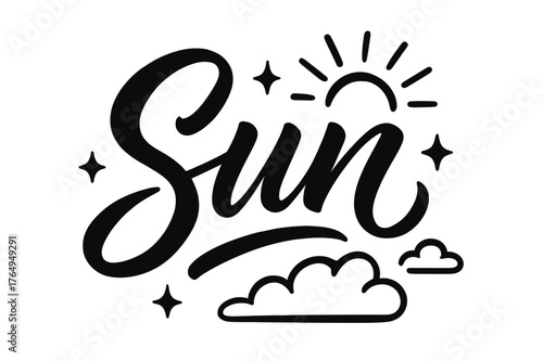 Sun Script Art. Script Hand-Lettering ? "Sun" in flowing brush script, semi-cursive with fluid strokes, slight upward tilt to convey warmth and brightness,
