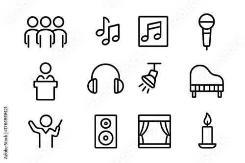 Choir Singing Icons. Choir singing. Line icon set of choir singing: group of singers, music notes, sheet music, microphone, podium, headphones, spotlight,