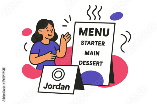 Modern Menu Design. Menu & Place Card Set. A slim menu stands behind a small name card labeled ?Jordan,? aligned by a simple plate icon. Floating lines suggest