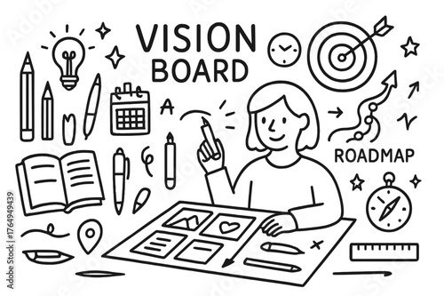 Vision Board Doodles. Vision Board. Hand-drawn doodle illustration Vision Board person creating vision board, roadmap, notebook, pen, pencil, target, arrows,