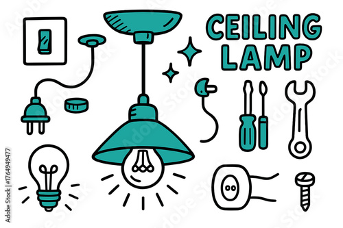 Ceiling Fixture Doodle. // Ceiling light fixture. Hand-drawn doodle illustration Ceiling light fixture [ceiling lamp (accented), bulb (accented), switch,