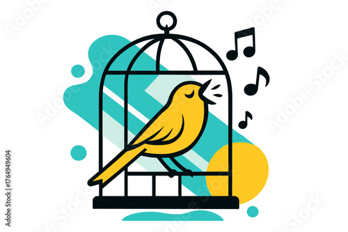 Canary's Melodic Lullaby. Bird in a Cage. Canary singing in a cage with abstract floating notes and soft rays of light, peaceful and contemplative atmosphere.
