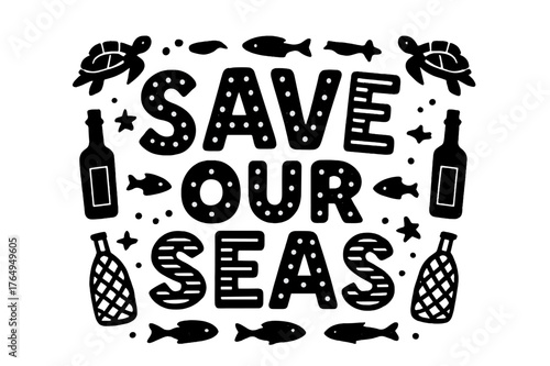 Save Our Seas. Save Our Seas ? playful decorative display lettering; patterned letters (dots/stripes/stars), gently arched word-shape; framed with tiny ocean