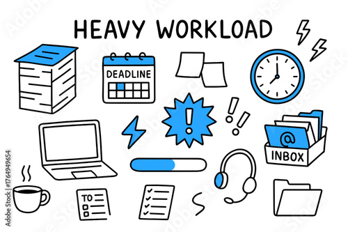 Busy Office Chaos. // Heavy workload. Hand-drawn doodle illustration Heavy workload [stacked papers (accented), laptop, deadlines calendar (accented), wall