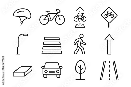 Safe Cycling Icons. Safe cycling. Line icon set of safe cycling: helmet, bicycle, bike lane marking, traffic sign, street light, crosswalk, pedestrian, arrow,