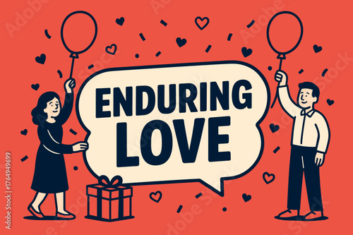 Enduring Love Celebration. Enduring Love banner, flat vector illustration, bold oversized text inside sticker outline banner, cartoon characters standing and