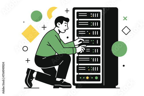 Tech Magic Unleashed. Server Rack. IT technician working on a server rack with floating abstract geometric shapes and glowing accents, focused and high-tech