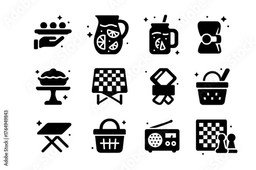 Porch Entertainment Icons. Porch Entertaining. Solid icons set of Porch Entertaining: serving tray, lemonade pitcher, mason jar glass, pie stand, checkered