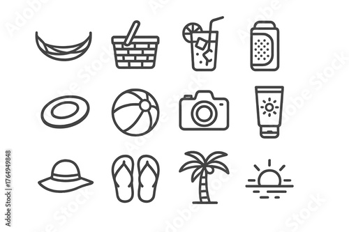 Summer Leisure Icons. Summer Leisure. Line icon set of Summer Leisure: hammock, picnic basket, iced tea glass, portable speaker, frisbee, beach ball, camera,