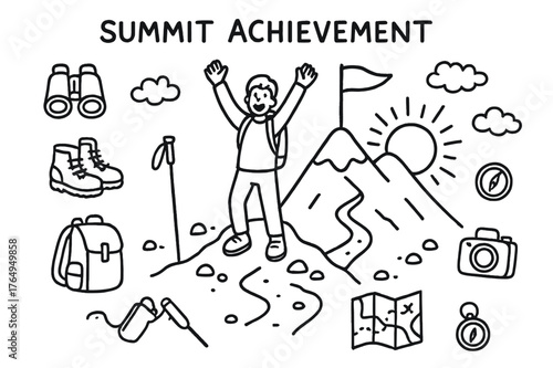 Summit Celebration Doodle. Summit Achievement. Hand-drawn doodle illustration Summit Achievement person celebrating, arms up, mountain peak, flag, sunrise,