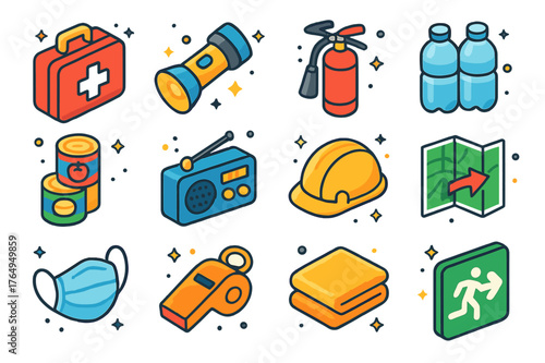 Safety Essentials Icons. Safety preparation. Colorful isometric vector icons set of safety preparation: first aid kit, flashlight, fire extinguisher, water