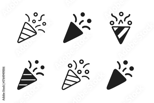 Confetti Icon Grid. Name Day. Set Logo of Confetti Icon: Minimal outline, Negative space, Flat solid, Symmetrical form, Stylized detail, Iconic shape. Vector