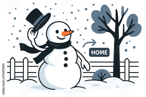 Modern Snowman Scene. Snowman ? Minimal Yard. Clean fence lines and a single tree; the snowman tips a hat as flakes drift like confetti. A subtle arrow points