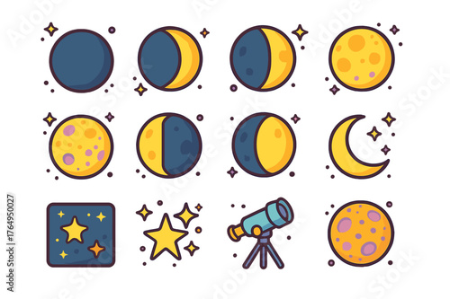 Colorful Lunar Phases. Lunar cycle. Colorful isometric vector icons set of lunar cycle: new moon, waxing crescent, first quarter, waxing gibbous, full moon,