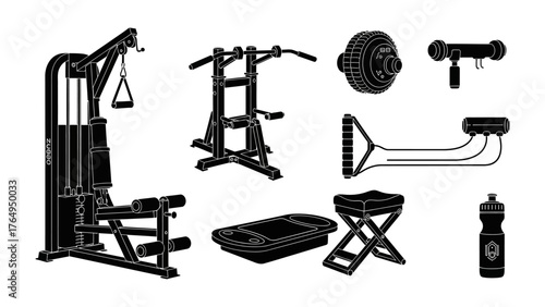 Fitness Equipment Silhouette: A curated collection of essential fitness equipment in stark silhouette, each piece meticulously crafted to empower individuals on their health and wellness journeys.