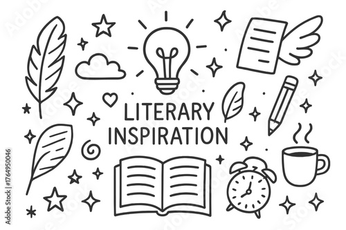 Creative Inspiration Icons. Literary inspiration. Hand-drawn doodle illustration literary inspiration light bulb, open book, feather, cloud, stars, heart,