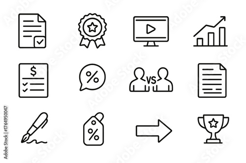 Sales Pitch Icons. Sales Pitch. Line icon set of Sales Pitch: proposal document, value proposition badge, product demo, ROI chart, pricing table, objection