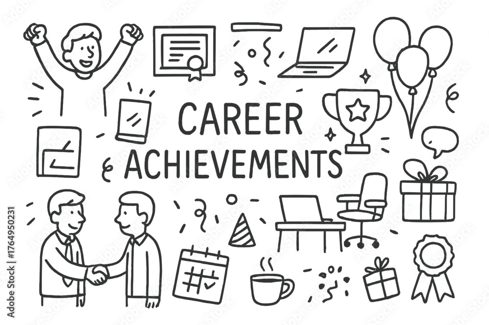 Fototapeta premium Career Success Celebration. Career Achievements. Hand-drawn doodle illustration Career Achievements person celebrating promotion, certificate, laptop, trophy,