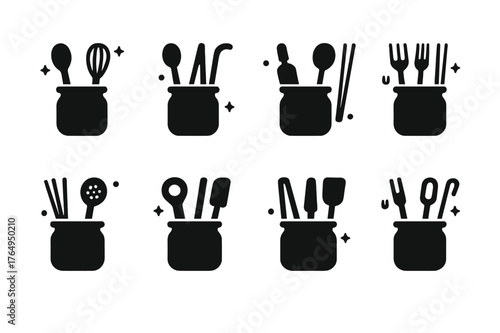 Kitchen Utensil Icons. Kitchen Utensil Holder. Solid icons set of Kitchen Utensil Holder: ceramic jar, wooden spoon, whisk, spatula, tongs, rolling pin, ladle,