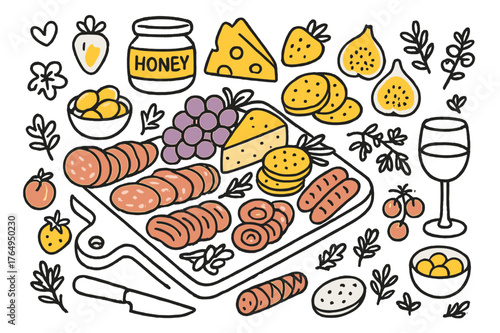 Colorful Charcuterie Illustration. Fruit and cheese platter. Hand-drawn doodle illustration sliced meats (colored), cheese wedges (colored), grapes (colored),