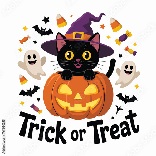 Happy halloween cute black cat in a pumpkin with ghosts and bats festive design