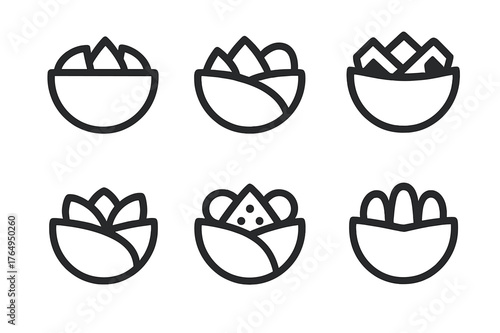 Geometric Pita Logos. Stuffed Pita Pockets. Set Logo of Open Pita: Minimal outline, Abstract geometric, Negative space, Flat solid, Symmetrical form, Iconic