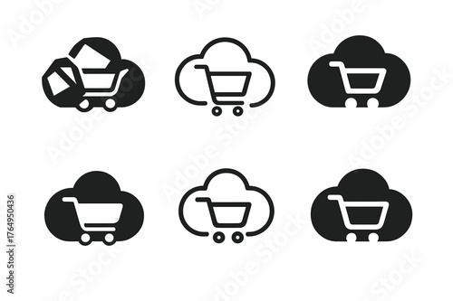 E-commerce Logo Variations. E-commerce transformation. Set Logo of E-commerce transformation: shopping cart within cloud. harmonious logo variations of the