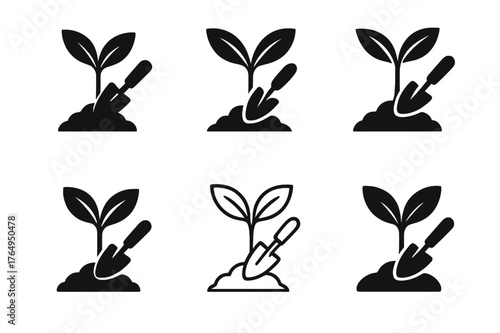 Habitat Restoration Logos. Habitat restoration. Set Logo of Habitat restoration: sapling with trowel. harmonious logo variations of the same emblematic