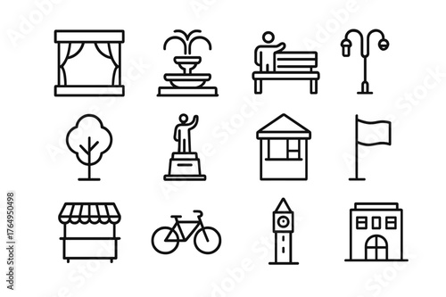 Event Square Icons. Event square. Line icon set of event square: stage, fountain, bench, street lamp, tree, statue, kiosk, flag, market stall, bicycle, clock