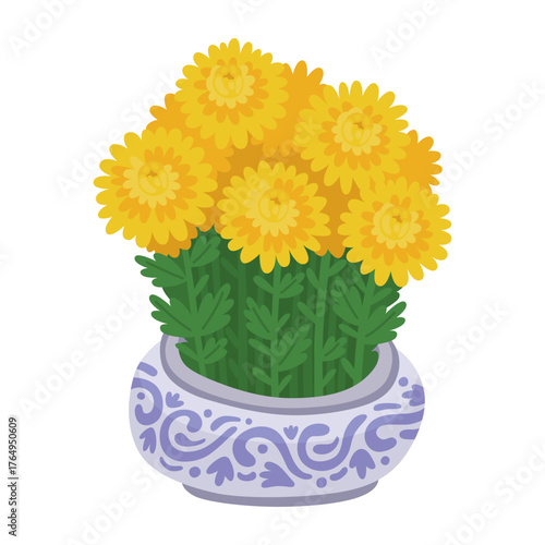 Bouquet of lush yellow festive chrysanthemum flowers in a ceramic pot. Decor for Lunar New Year, Chinese New Year, Vietnamese Tet.