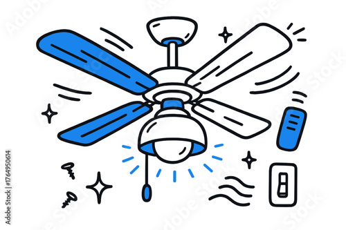 Ceiling Fan Illustration. // Ceiling fan with light. Hand-drawn doodle illustration Ceiling fan with light [fan blades (accented), lamp bowl (accented),