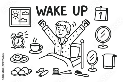 Morning Routine Doodles. Wake Up. Hand-drawn doodle illustration Wake Up person stretching, bed, alarm clock, window, sunlight, pajamas, slippers, coffee cup,