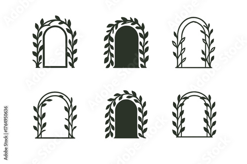 Enchanted Logo Variations. Enchanted doorway. Set Logo of Enchanted doorway: vine-wrapped arch. harmonious logo variations of the same emblematic concept, each