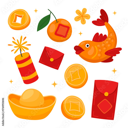Festive decor elements for Lunar New Year, Tet. Coins, gold bar, red envelope for money, carp koi fish, firecracker, flowers, stars.
