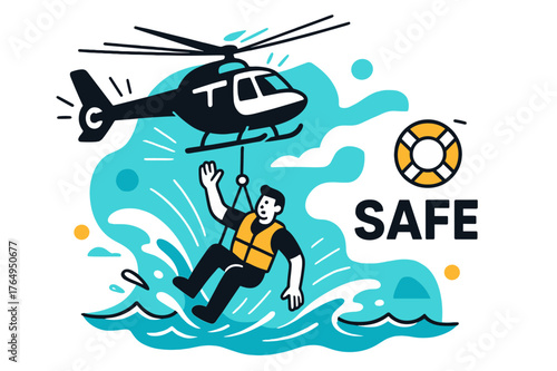 Coastal Rescue Illustration. Coastal Hoist Extraction. Salt spray arcs as a winch lifts a survivor from choppy waves; a lifebuoy icon pops beside ?SAFE.? The