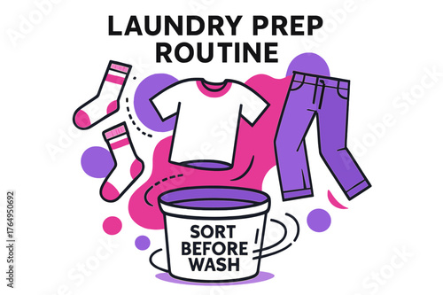 Laundry Dance Unfolds. Laundry Prep Routine. Socks, tees, and jeans hover in midair lines above a spinning basket labeled ?Sort Before Wash.? Dotted motion