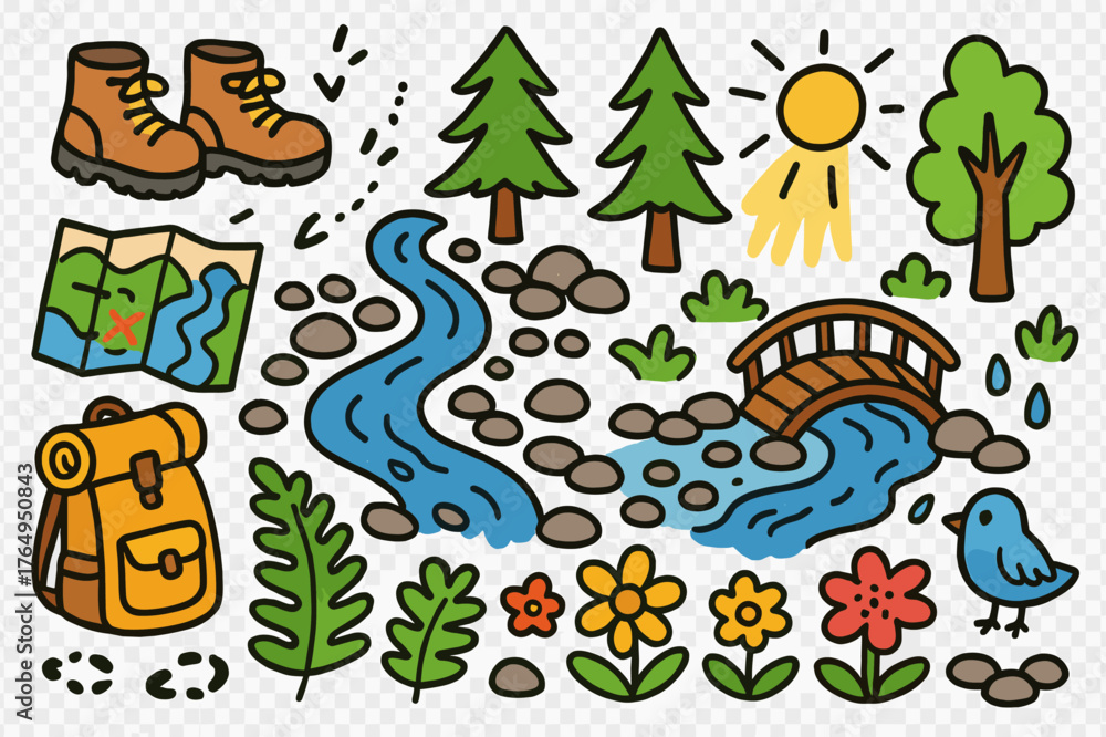 Fototapeta premium Forest River Adventure. Forest river trail. Colorful Hand-drawn doodle Children illustration Forest river trail hiking boots, forest trees, flowing river,