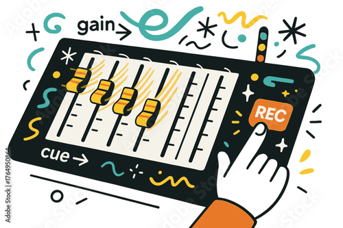 Dynamic Radio Console. Radio Studio Desk ? Mixing Console. Faders glide with ghosted motion trails; a hand taps ?REC? while LEDs sparkle. Arrows label ?gain >?