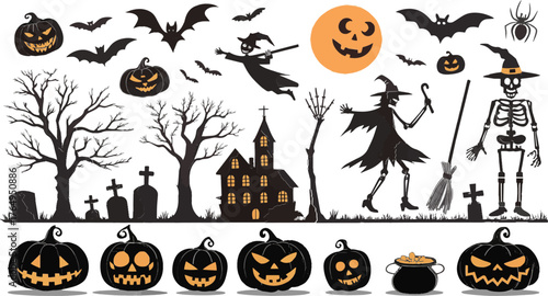 Halloween Haunted House Pumpkins Bats Witch Skeleton Spooky Night