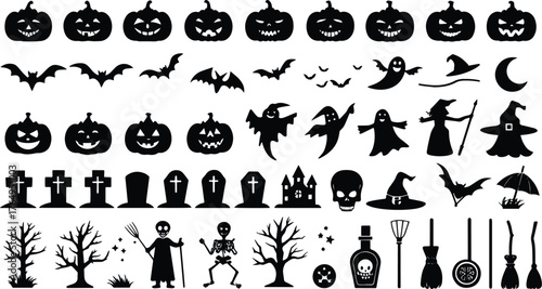 Halloween Silhouettes Pumpkins Ghosts Bats Witches Haunted Castle Spooky Icons